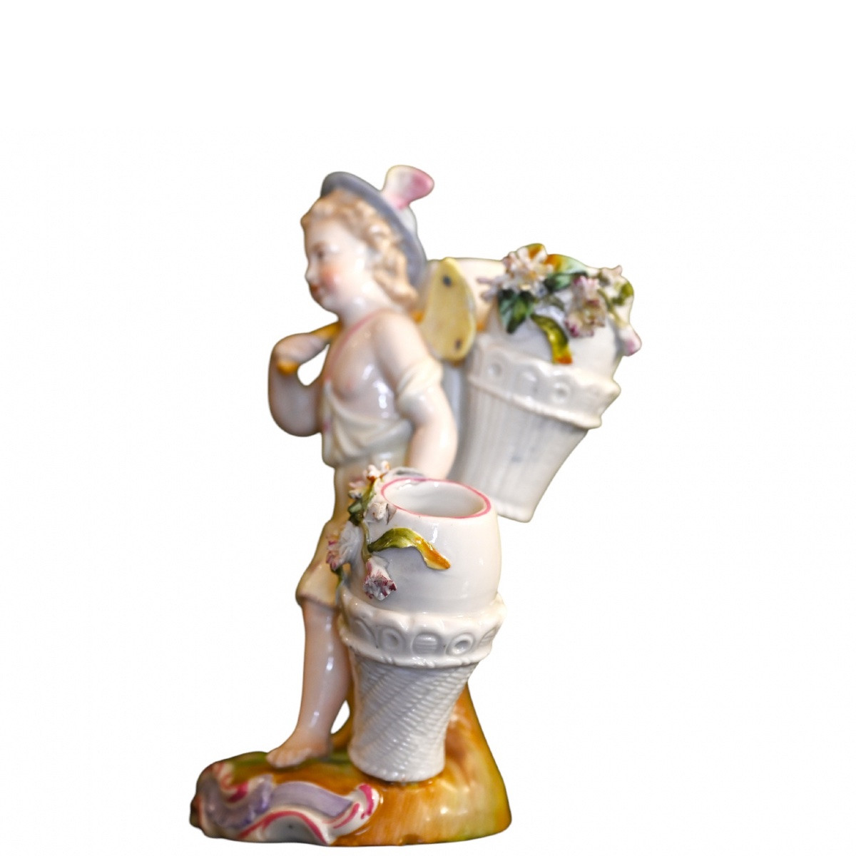 Polychrome Porcelain Group. Putto With A Basket Of Flowers. Germany, 19th Century-photo-3