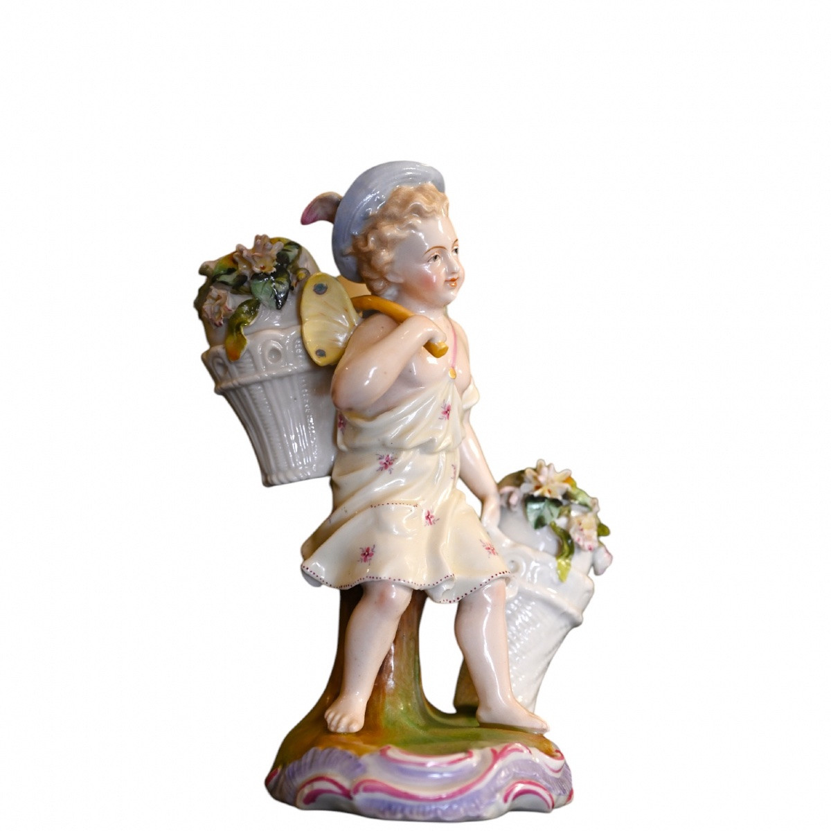 Polychrome Porcelain Group. Putto With A Basket Of Flowers. Germany, 19th Century-photo-4