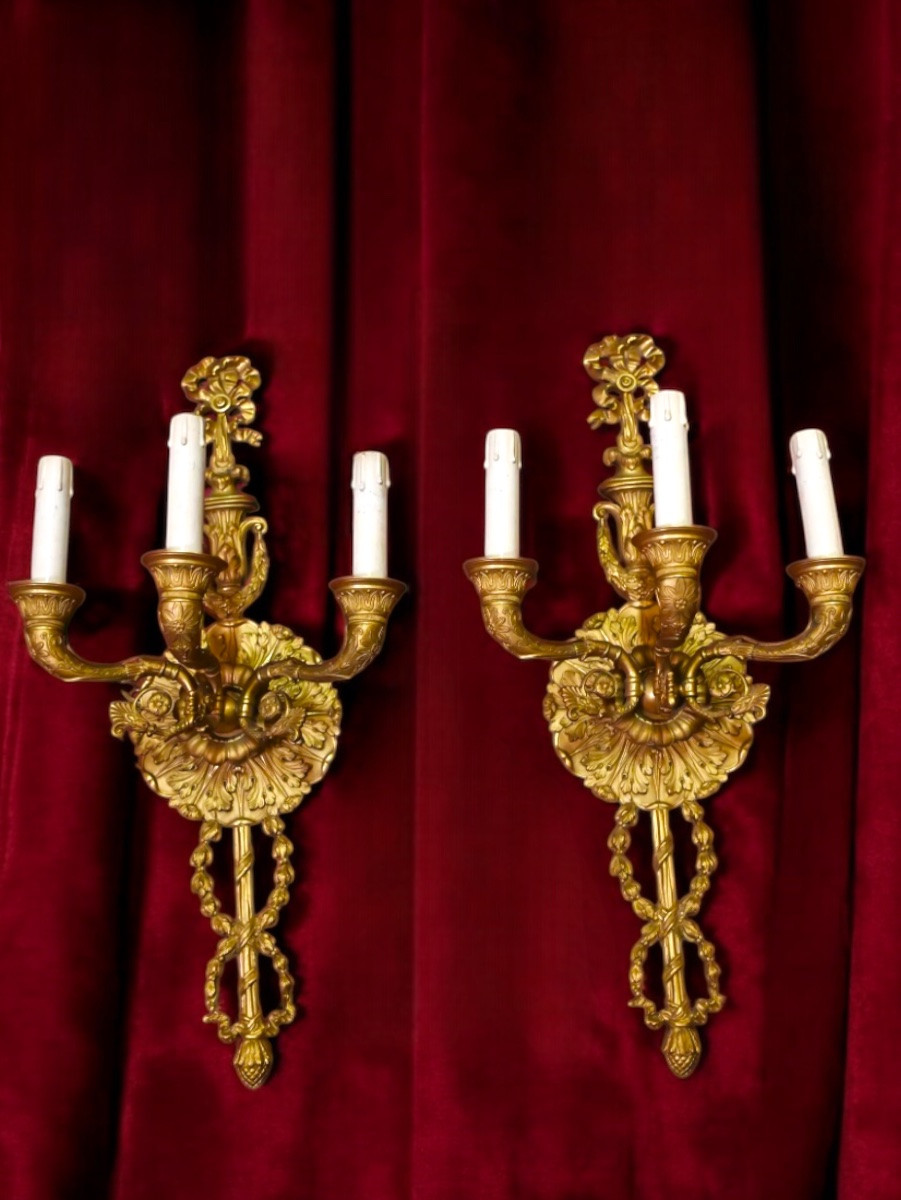 Pair Of Gilt Bronze Wall Sconces – France, 19th Century-photo-2