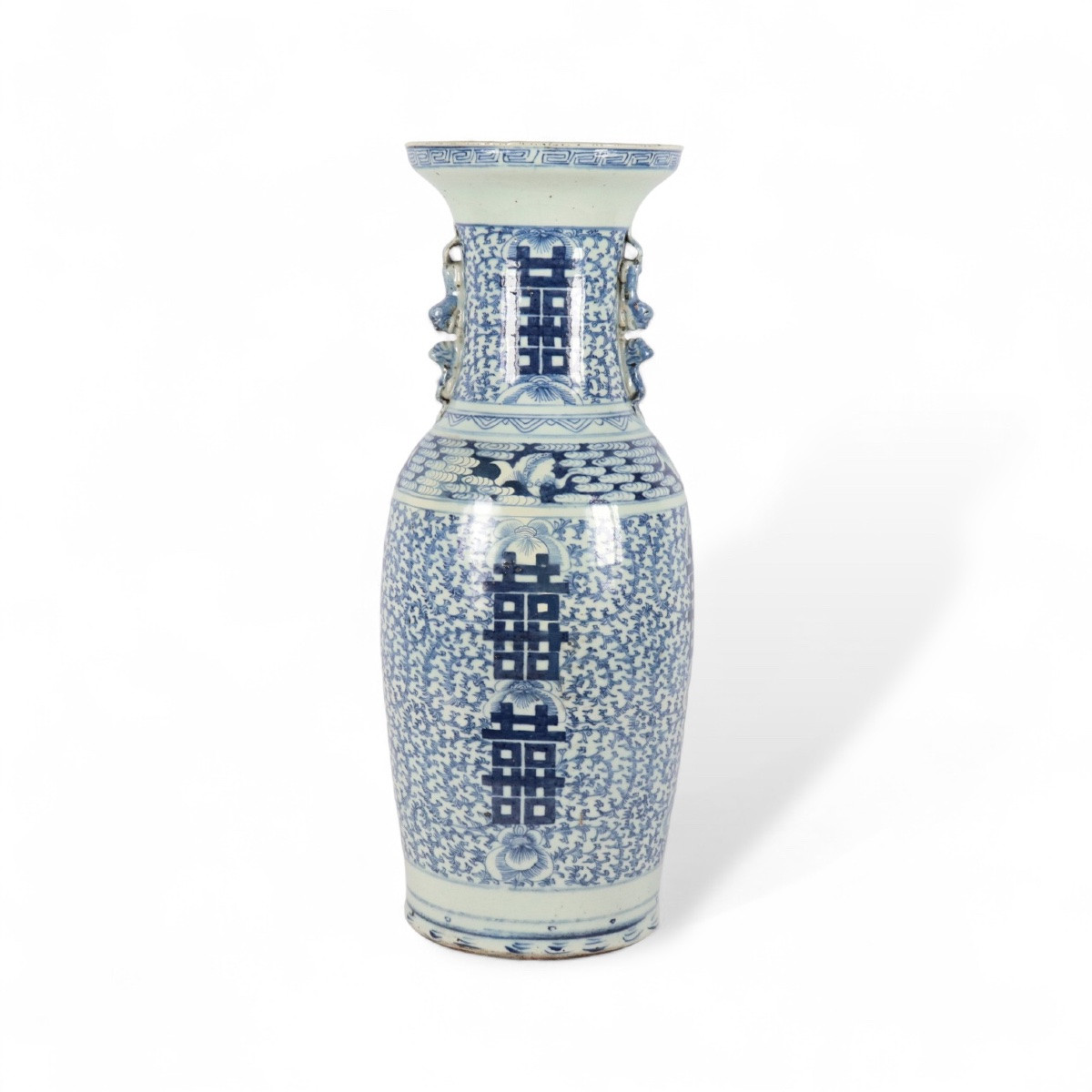 Large Pair Of Blue And White Porcelain Vases – “double Happiness” – China, 20th Century-photo-2