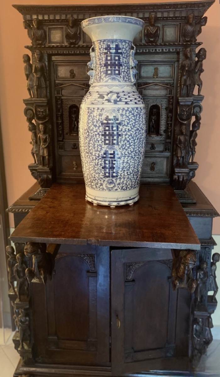 Large Pair Of Blue And White Porcelain Vases – “double Happiness” – China, 20th Century-photo-1