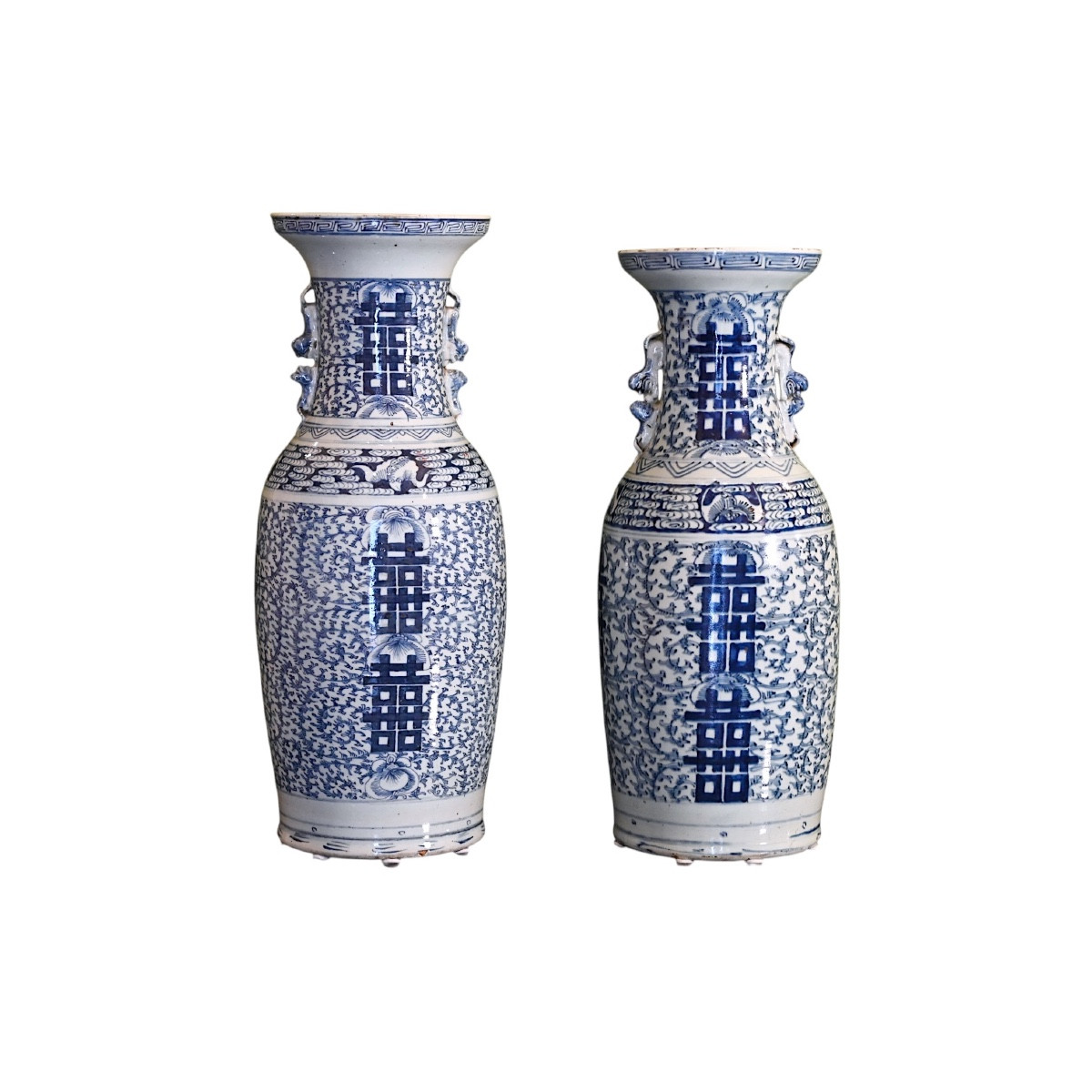 Large Pair Of Blue And White Porcelain Vases – “double Happiness” – China, 20th Century