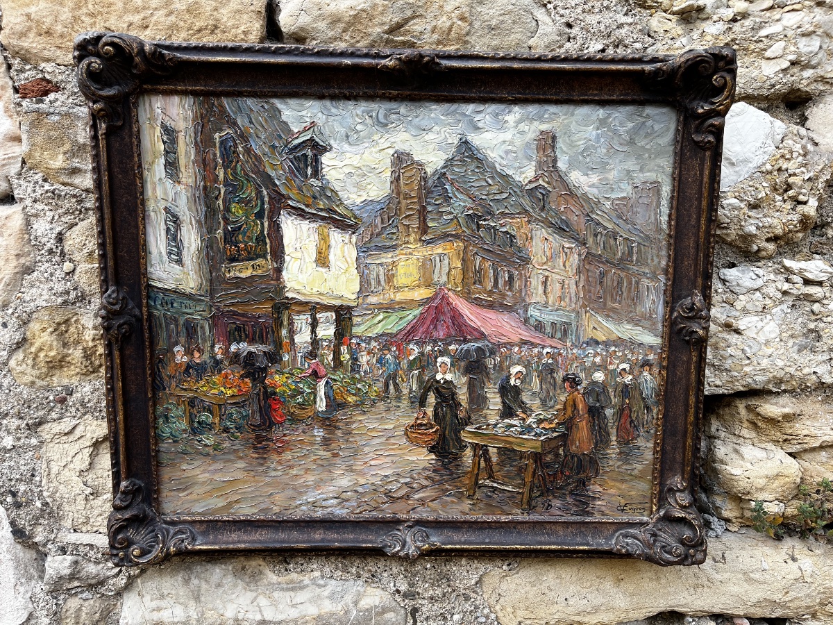 Peinture de Victor Louis Cuguen  ( 1882-1969 ) marché normand , Pontorson -photo-3