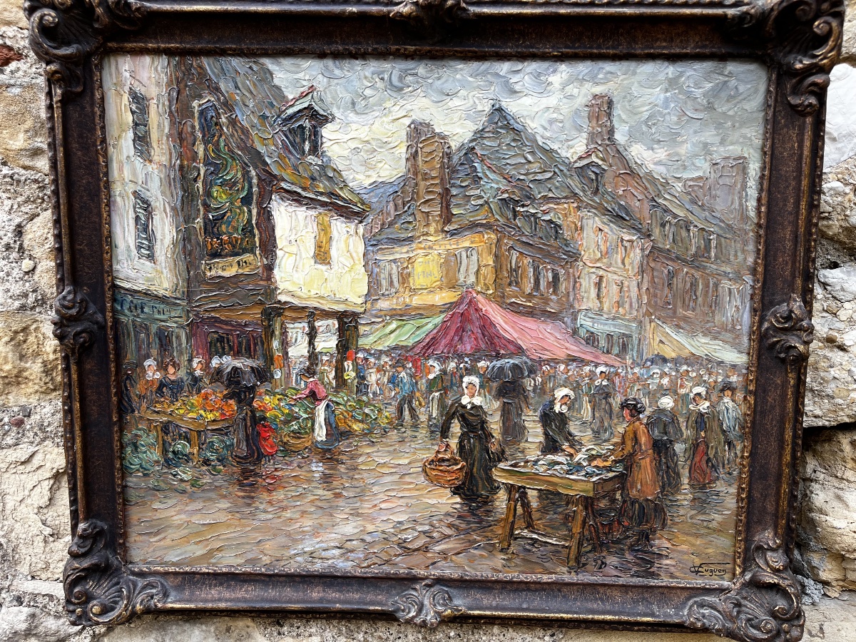 Peinture de Victor Louis Cuguen  ( 1882-1969 ) marché normand , Pontorson -photo-2