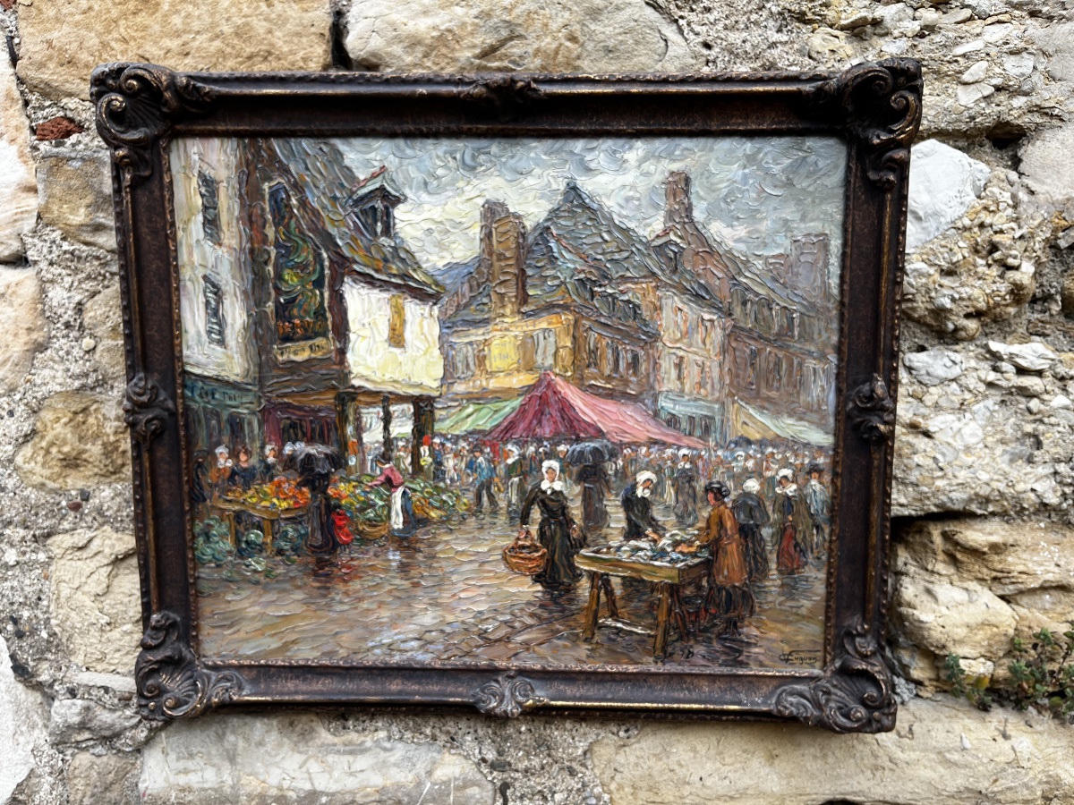 Peinture de Victor Louis Cuguen  ( 1882-1969 ) marché normand , Pontorson -photo-3