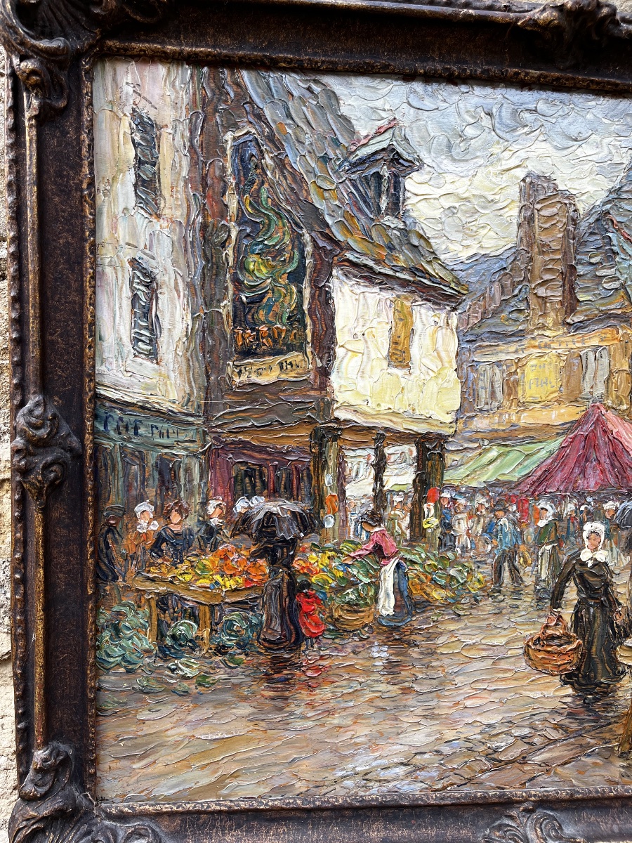 Peinture de Victor Louis Cuguen  ( 1882-1969 ) marché normand , Pontorson -photo-4