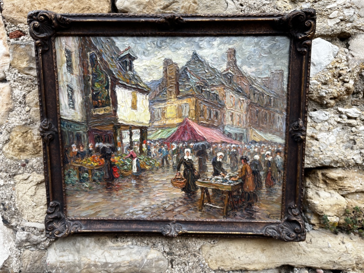 Peinture de Victor Louis Cuguen  ( 1882-1969 ) marché normand , Pontorson 