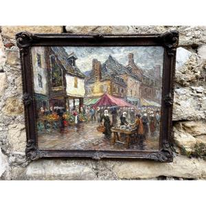 Peinture de Victor Louis Cuguen  ( 1882-1969 ) marché normand , Pontorson 