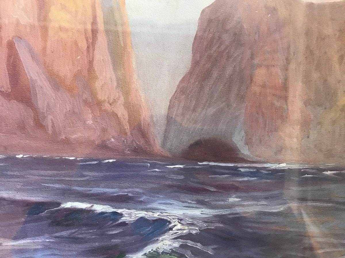 Marine Signed Jean-louis Paguenaud Gouache On Paper Circa 1920 Mediterranean Cliff Landscape-photo-3