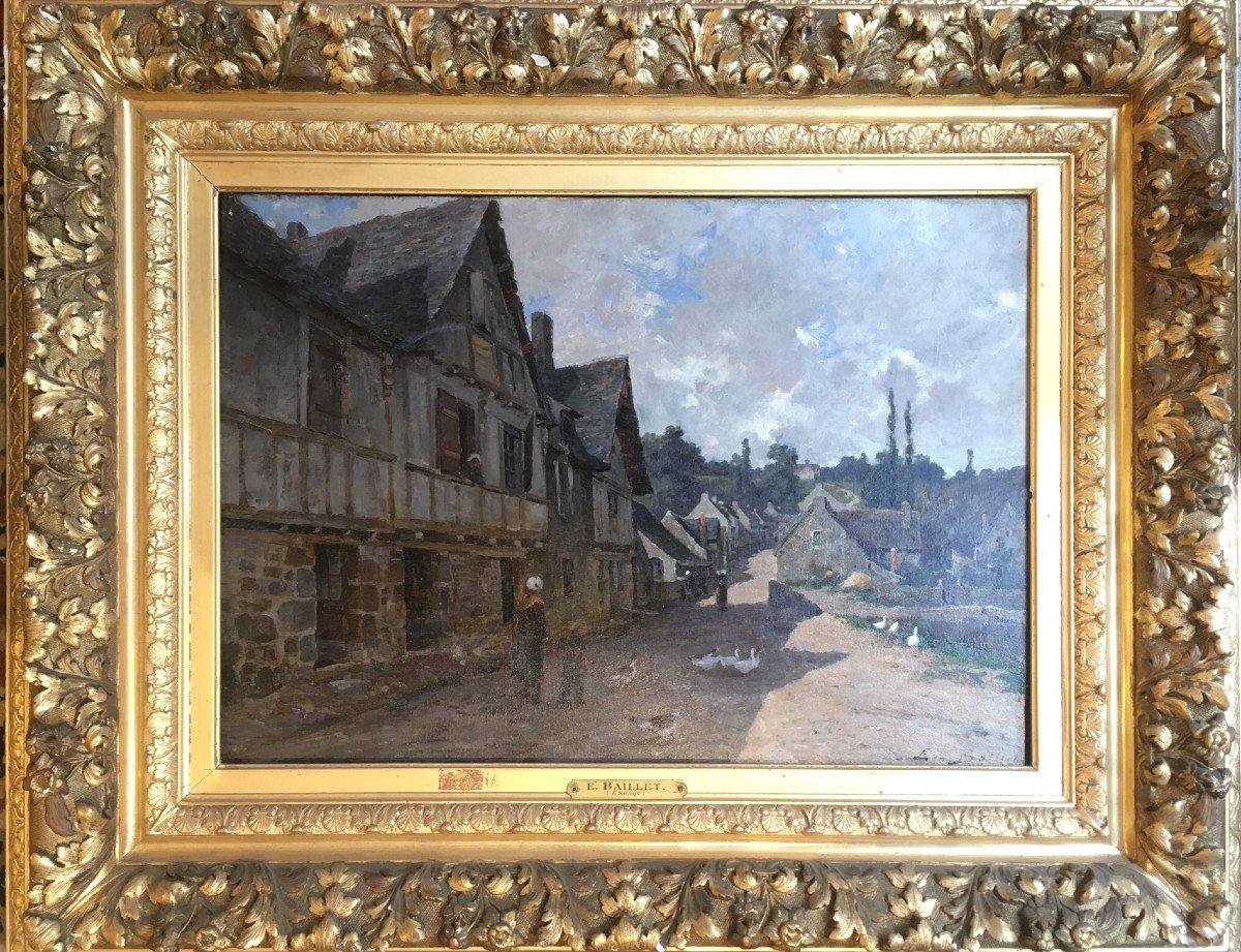 Ernest Baillet Scène De Village Bretagne Vers 1890 Huile Sur Toile 