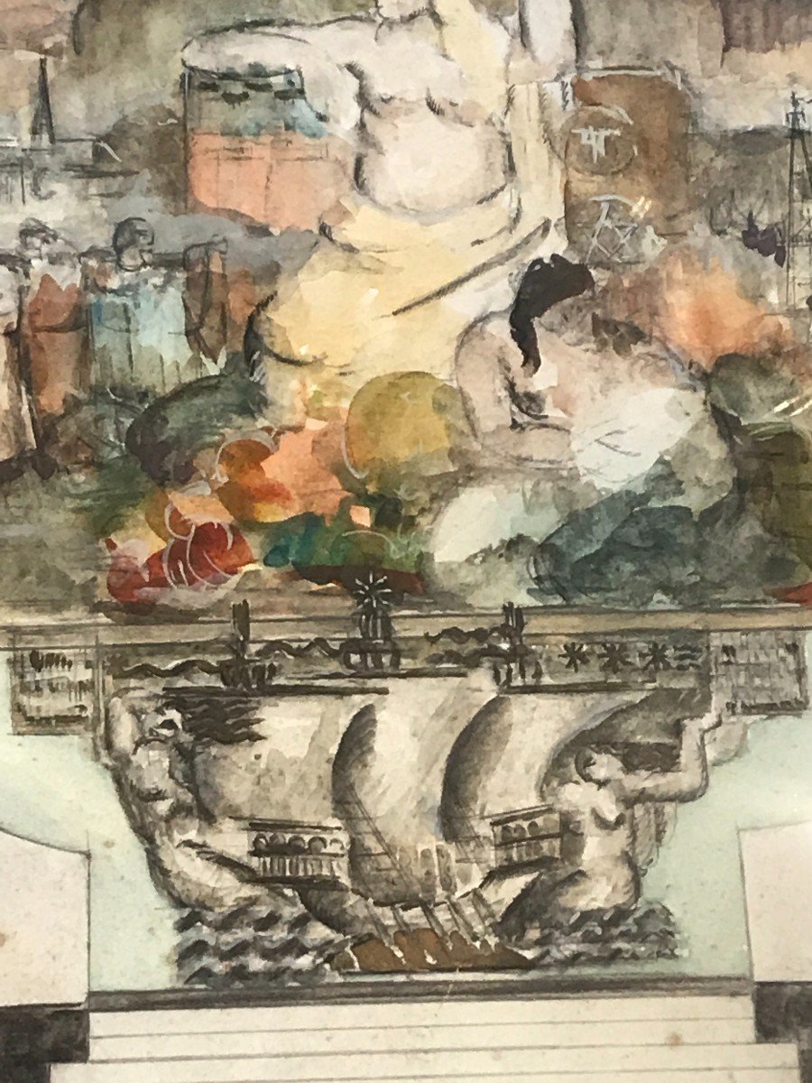 Watercolor Architect Art Deco 1930 Fresco Project For A Town Hall-photo-4