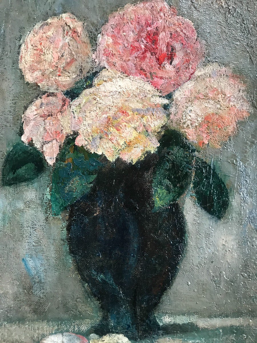 Emile Brunet (élève De G. Moreau)  Huile Sur Toile Cartonnée Portrait De Fleurs-photo-3