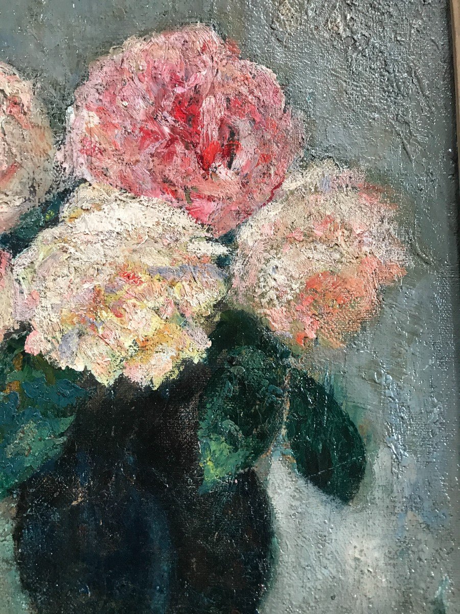 Emile Brunet (student Of G. Moreau) Oil On Cardboard Canvas Portrait Of Flowers-photo-1