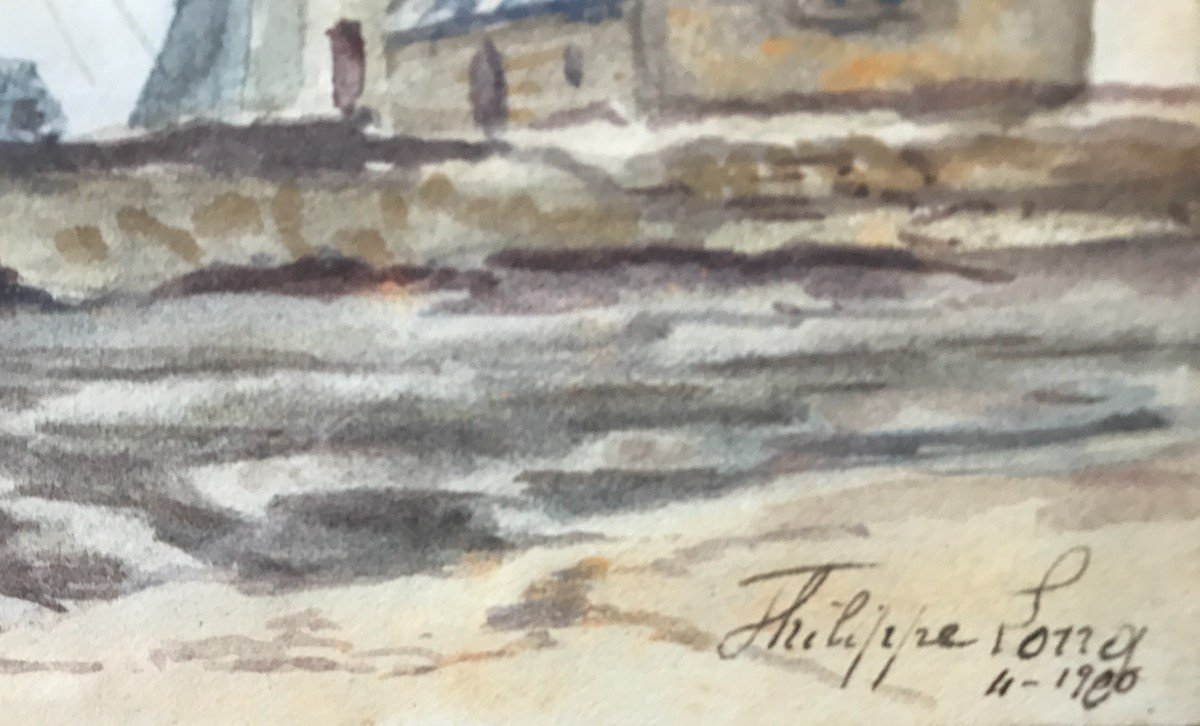 Philippe Long Aquarelle Paysage De Bretagne Vers 1900 Morbihan Finistère Marins-photo-2