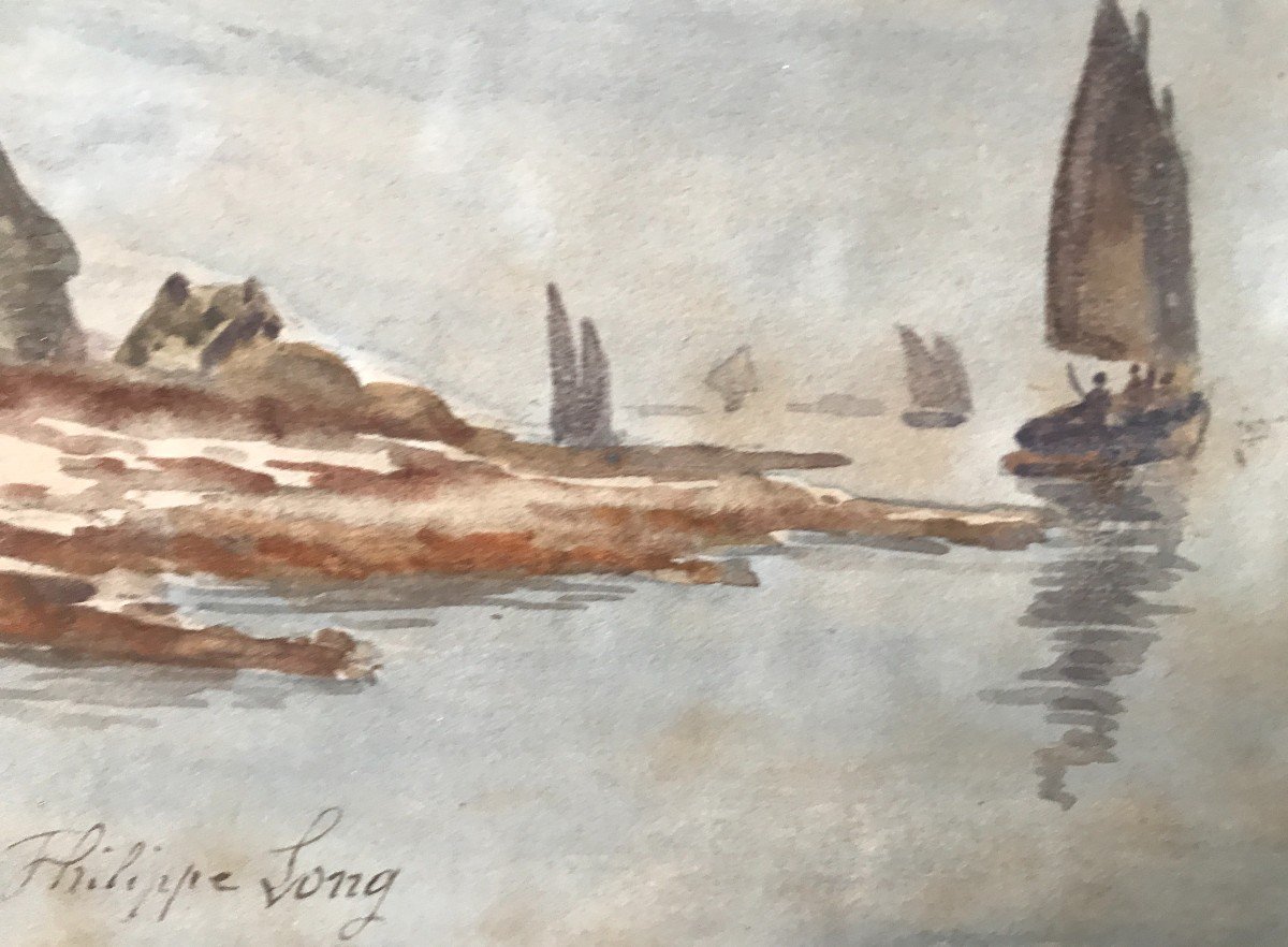 Philippe Long Aquarelle Paysage De Bretagne Vers 1900 Morbihan Finistère Marins-photo-2