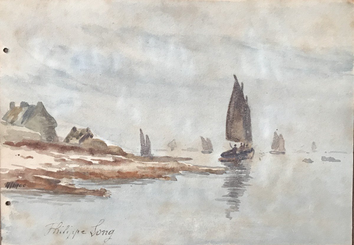 Philippe Long Aquarelle Paysage De Bretagne Vers 1900 Morbihan Finistère Marins