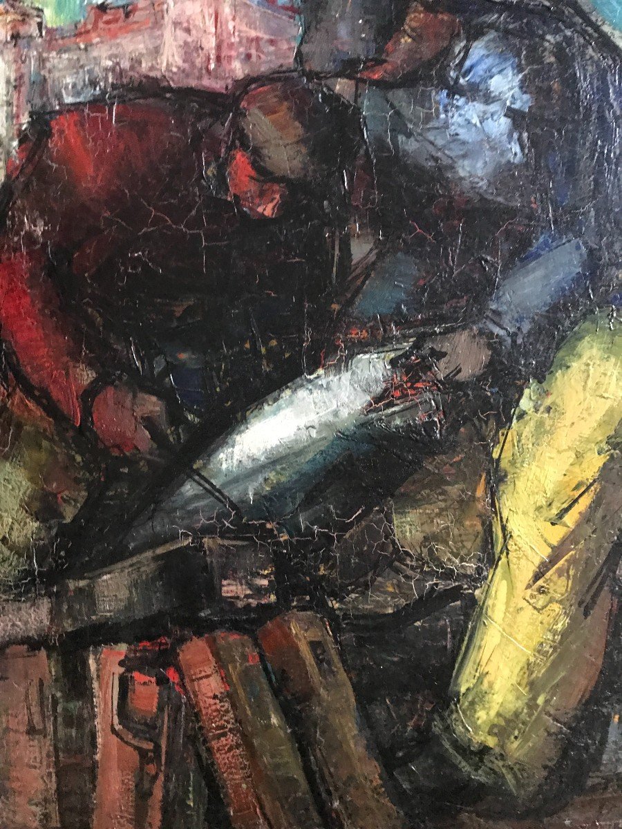 Rodolphe Caillaud Tuna Fishermen In Saint-jean-de-luz Oil On Panel Circa 1960-photo-3