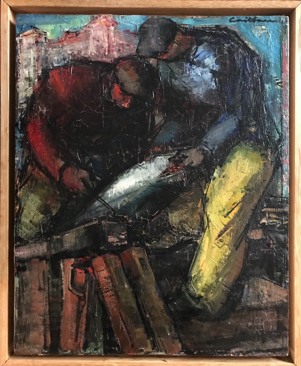 Rodolphe Caillaud Tuna Fishermen In Saint-jean-de-luz Oil On Panel Circa 1960-photo-4