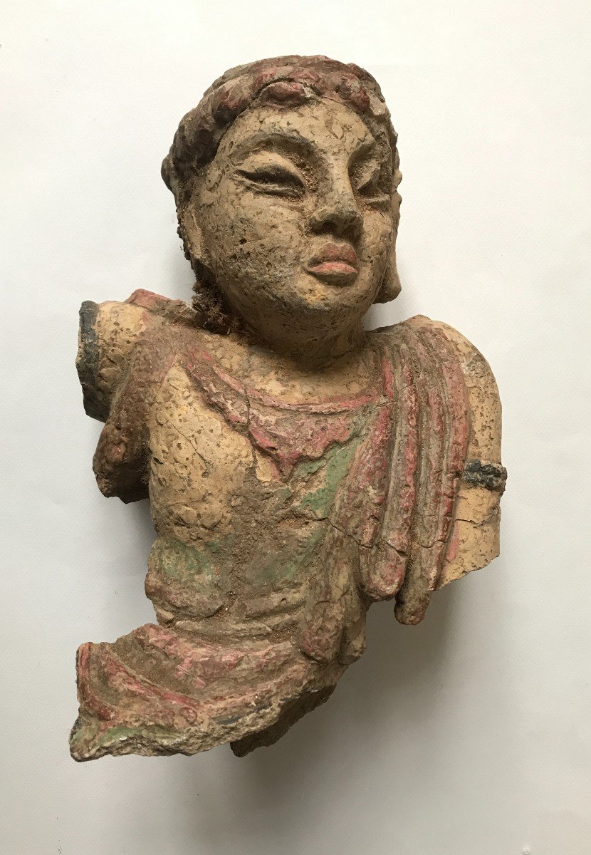 Fragment De Sculpture Khmer Asie Du Sud-est Grès Polychrome XIXème Siècle