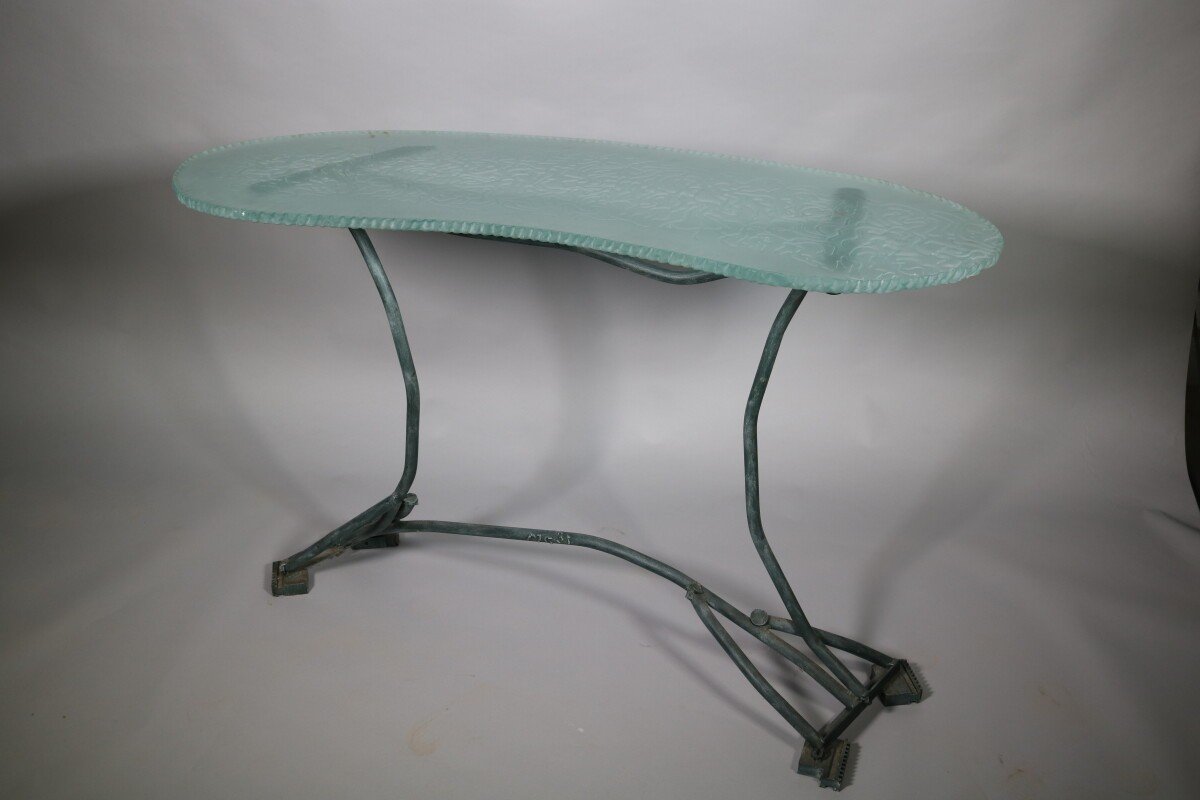 Marco De Gueltzl Console 1980 1990 Fer Patiné Et Verre Arraché-photo-1