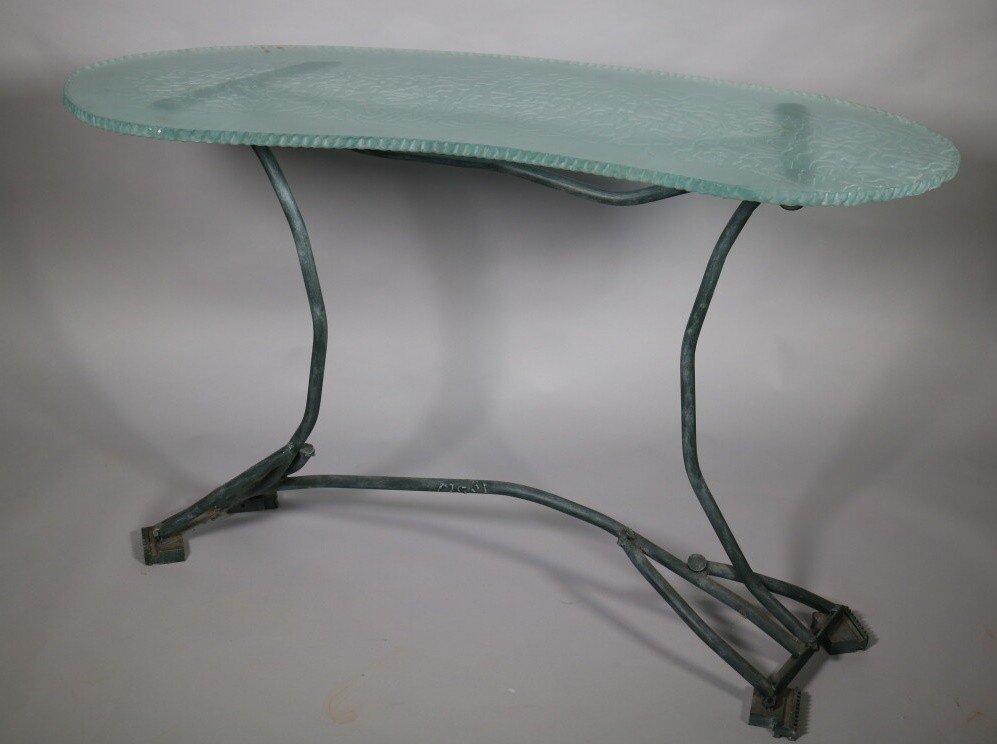 Marco De Gueltzl Console 1980 1990 Fer Patiné Et Verre Arraché