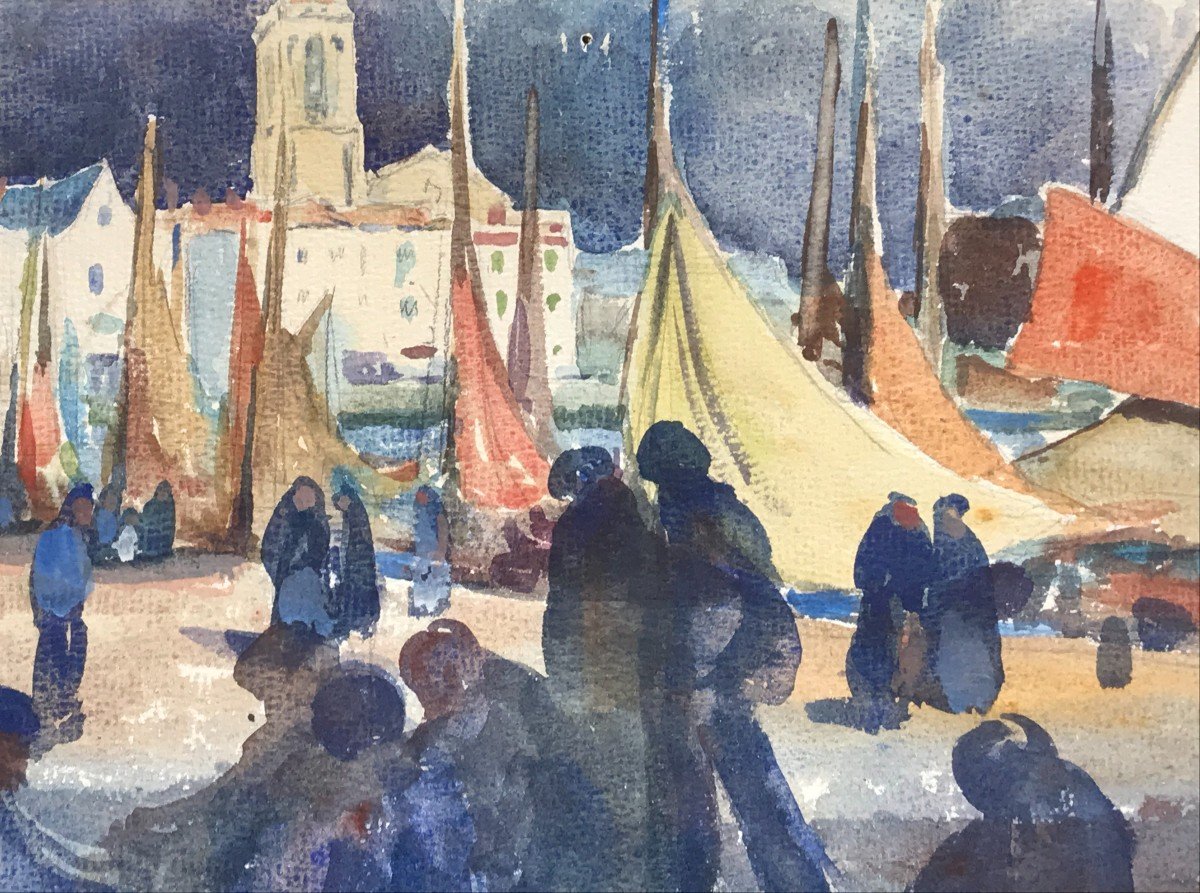 Eugène Baboulène Watercolor Signed Return From Fishing On The Port Of Toulon XXth Century Provence-photo-2