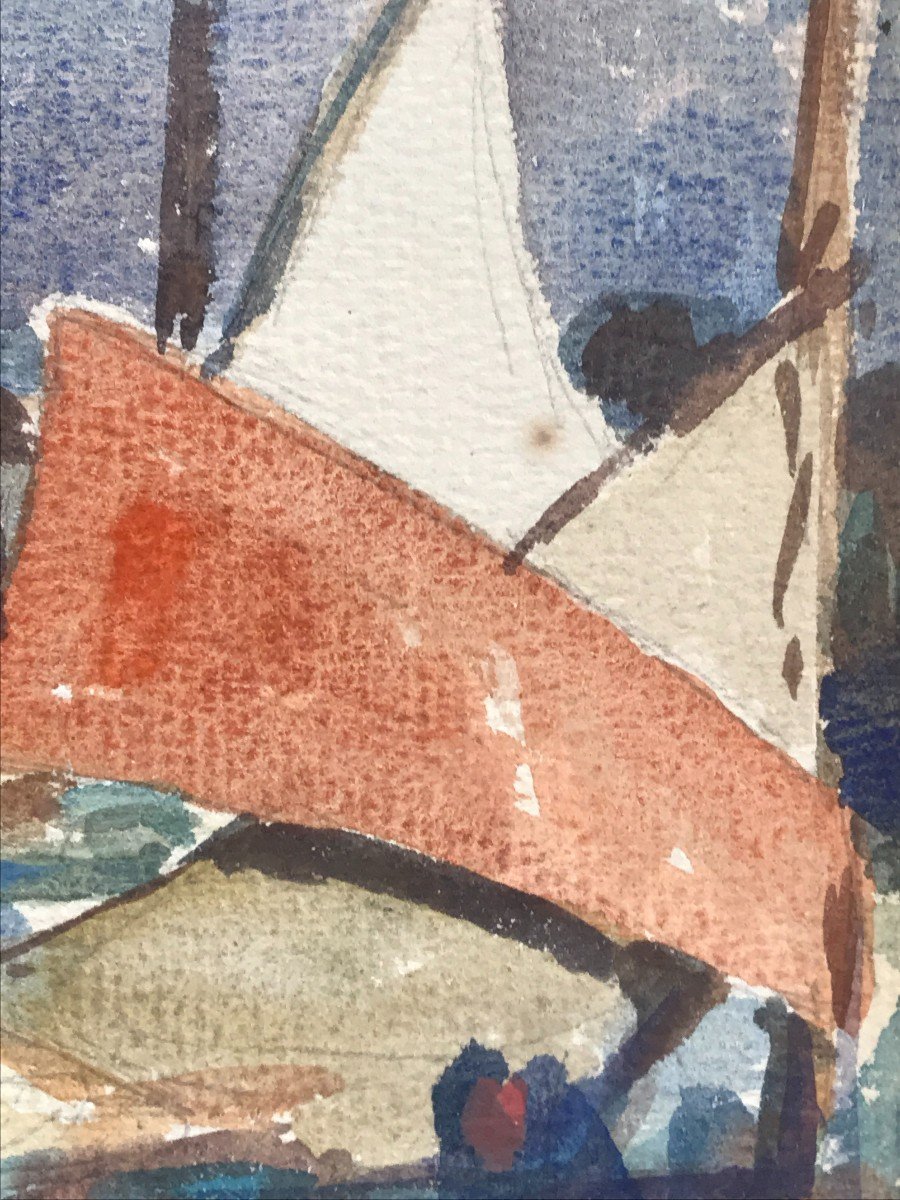 Eugène Baboulène Watercolor Signed Return From Fishing On The Port Of Toulon XXth Century Provence-photo-2