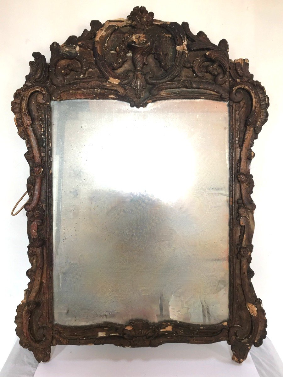 French Mirror In The 18th Century State In Pine Ornaments And Floral Motifs And Medallion