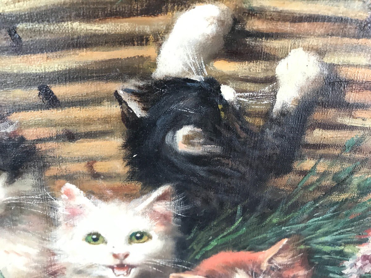 Léon Huber "jeunes Chats" Huile Sur Toile Vers 1900 Peinture Animalière Montmartre Paris-photo-1