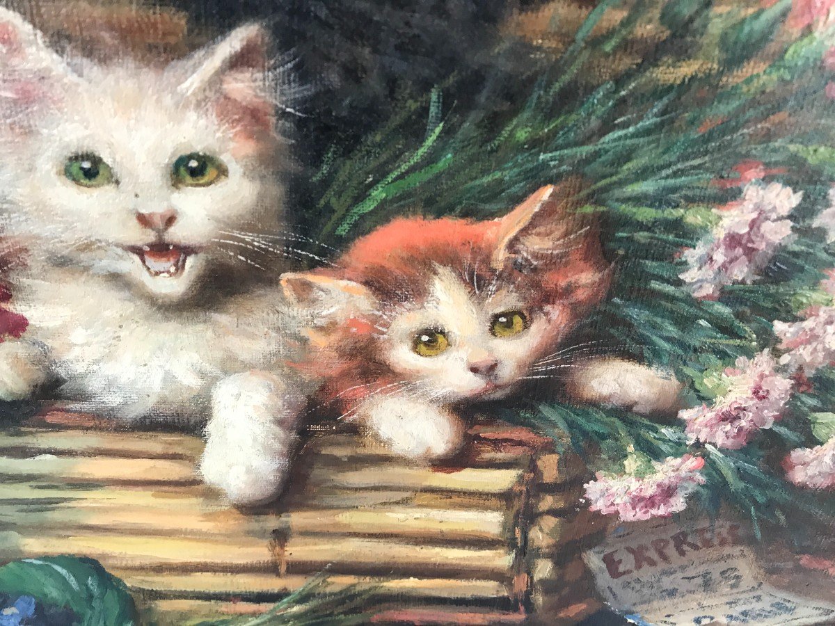 Léon Huber "jeunes Chats" Huile Sur Toile Vers 1900 Peinture Animalière Montmartre Paris-photo-2