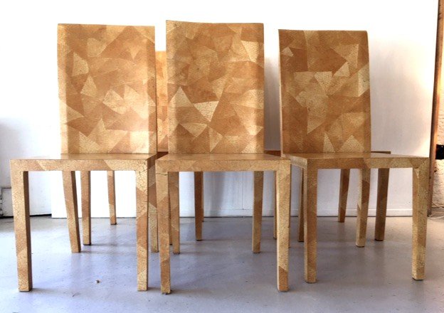 Series Of 6 Original Art Deco & Neoclassical Style Chairs From The 1980s Resin Marquetry-photo-4