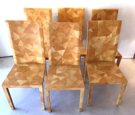 Series Of 6 Original Art Deco & Neoclassical Style Chairs From The 1980s Resin Marquetry