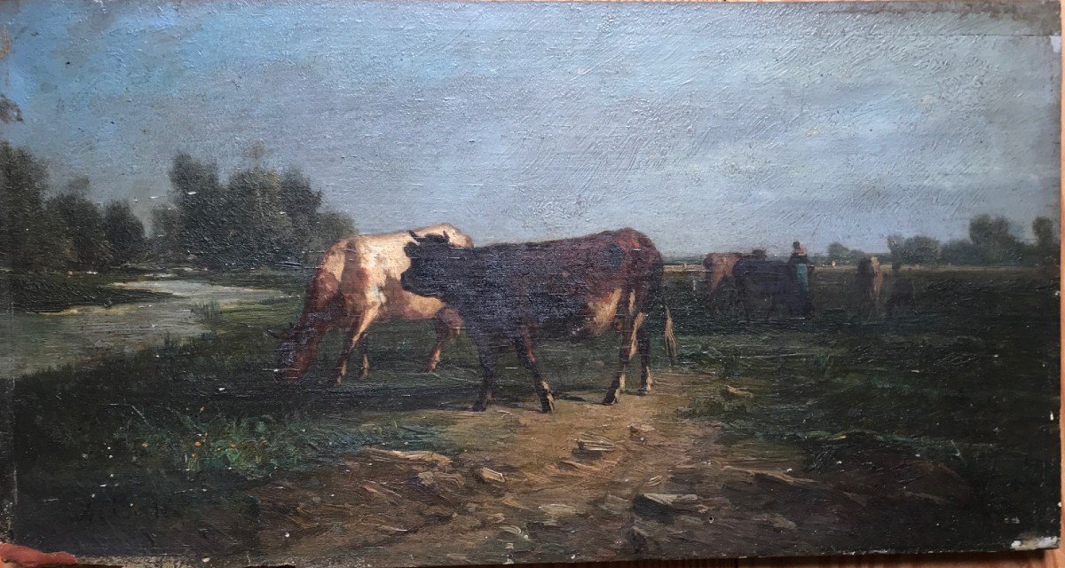 André Cortes Barbizon Scene Of Cows Around 1870 Oil On Panel