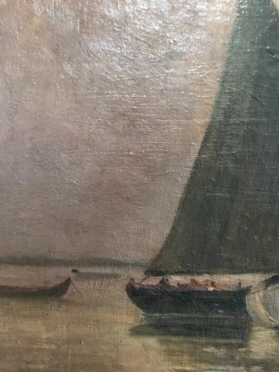 J. G. Tison Oil On Canvas Landscape Arcachon Basin Marine Sailboats Taussat Circa 1900-photo-3