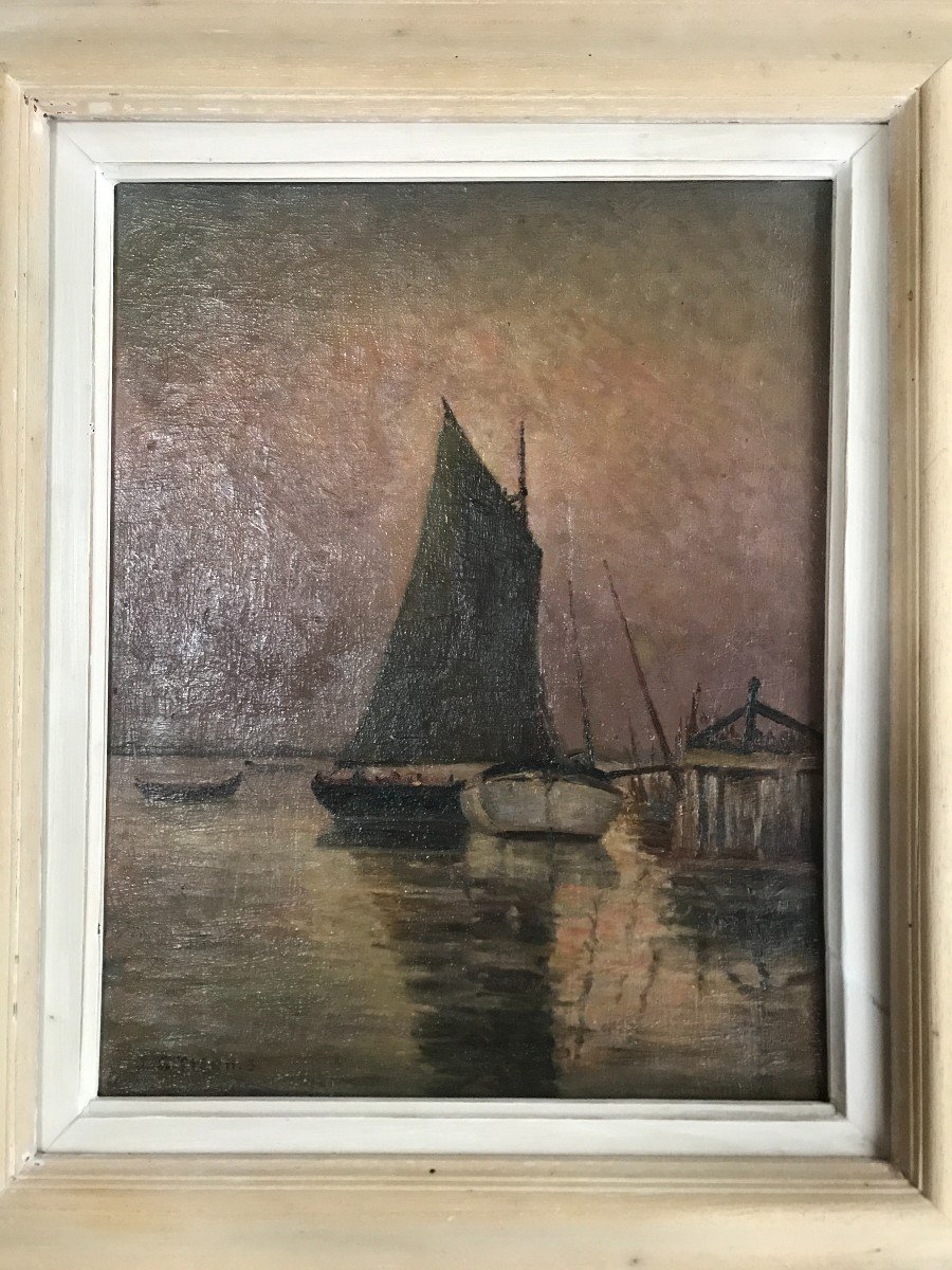 J. G. Tison Oil On Canvas Landscape Arcachon Basin Marine Sailboats Taussat Circa 1900-photo-2