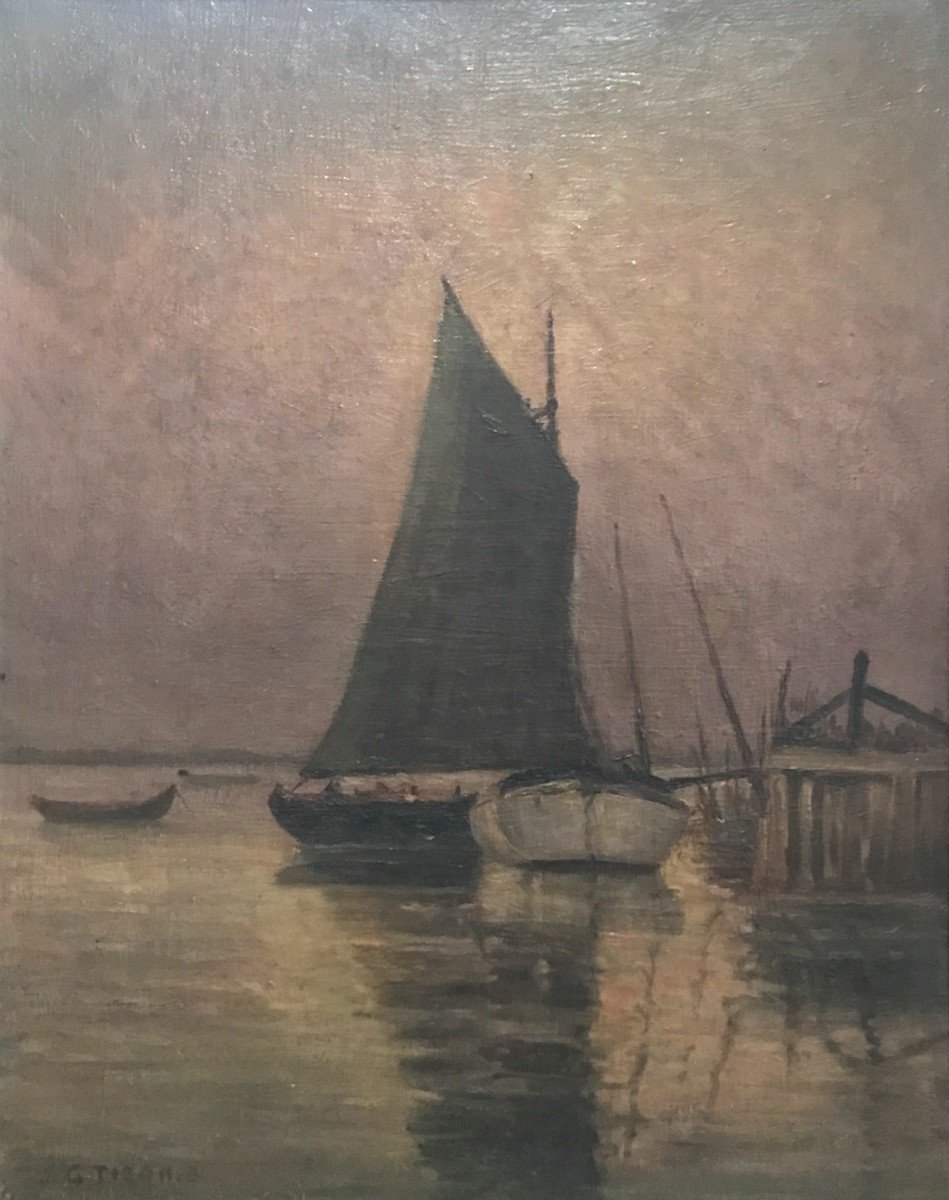 J. G. Tison Huile Sur Toile Paysage Bassin d'Arcachon Marine Voiliers Taussat Vers 1900