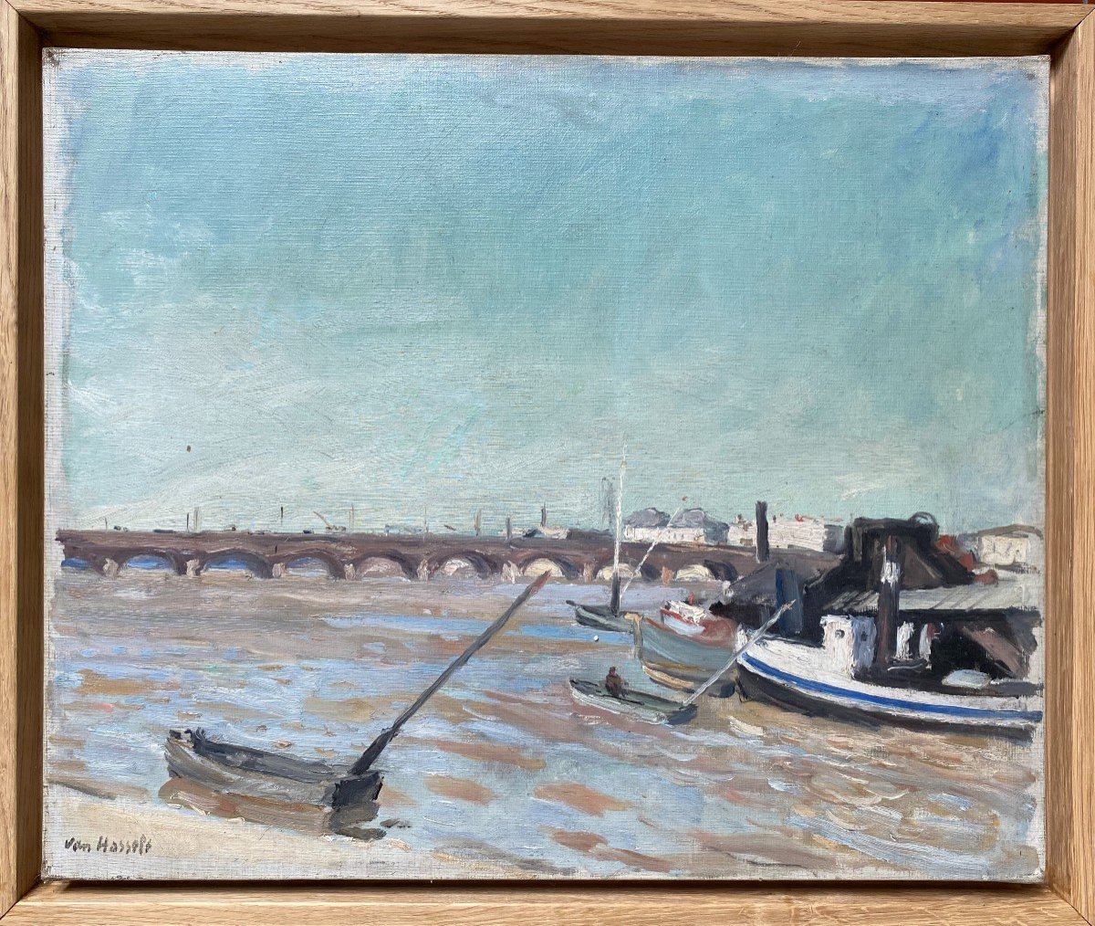 Willem Van Hasselt Port De Bordeaux Pont De Pierre Huile Sur Toile 1930-photo-2