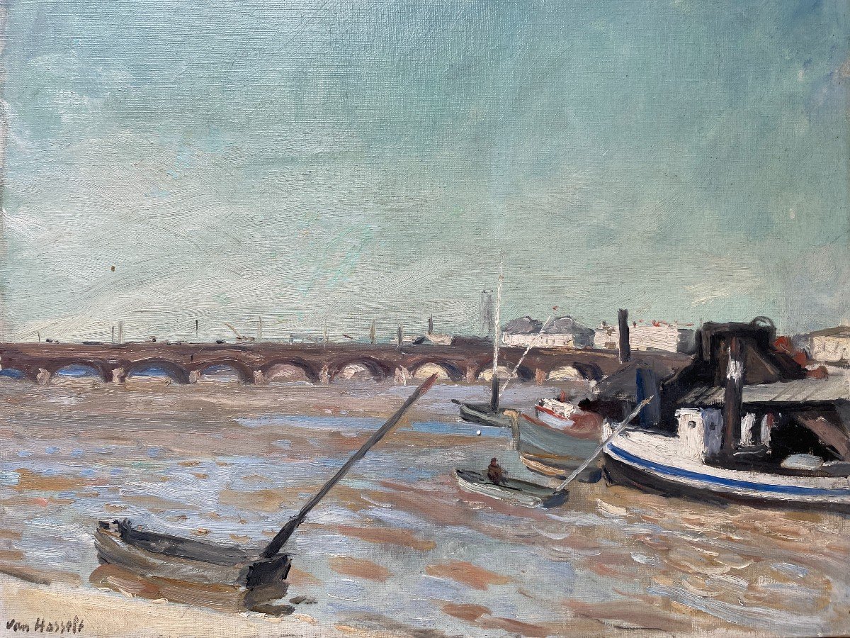 Willem Van Hasselt Port De Bordeaux Pont De Pierre Huile Sur Toile 1930