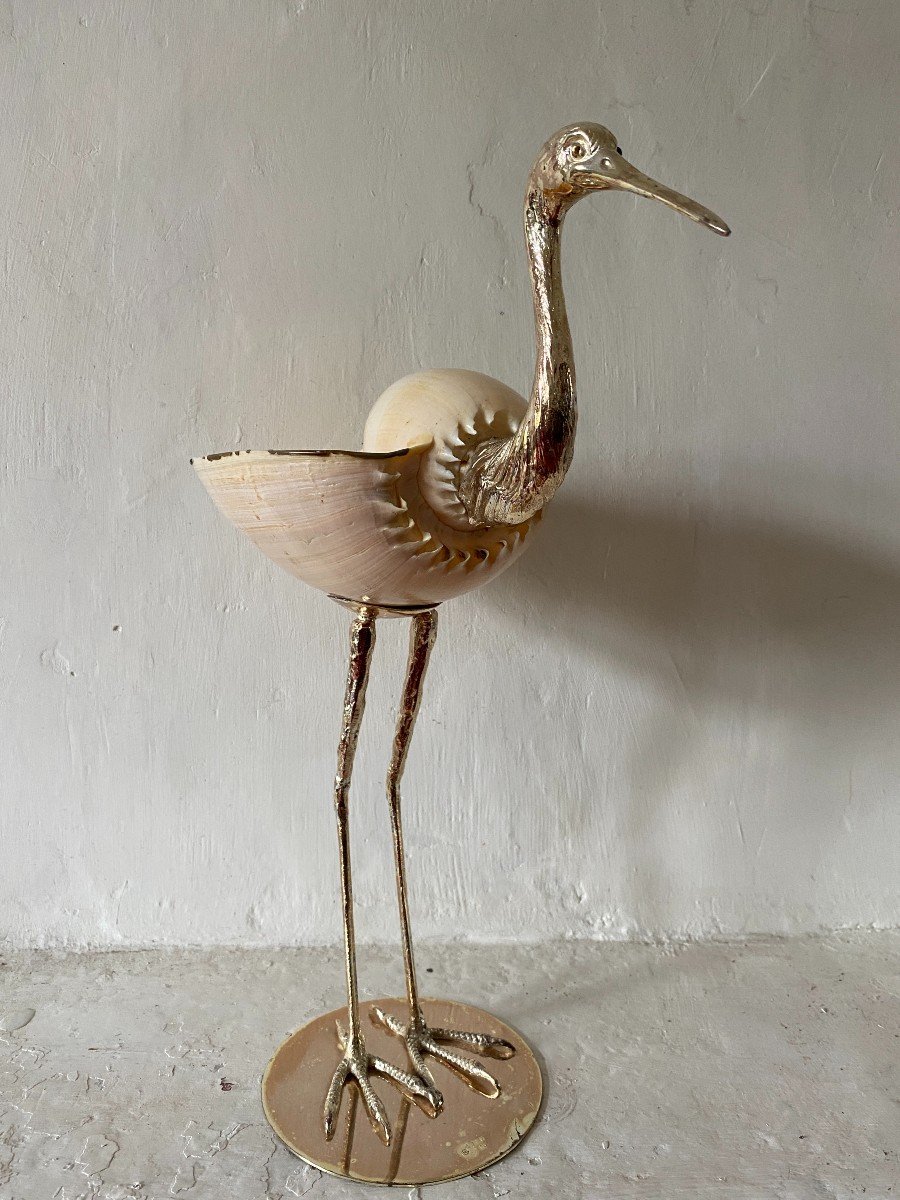 Modernist Heron Bird Sculpture Signed Gabriella Binazzi Conch Shell Gold Metal-photo-5