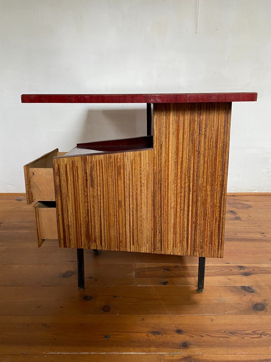 Bureau De Milieu à Deux Faces Distinctes Cubiste 1960 France Design Original Formica & Bambou-photo-4