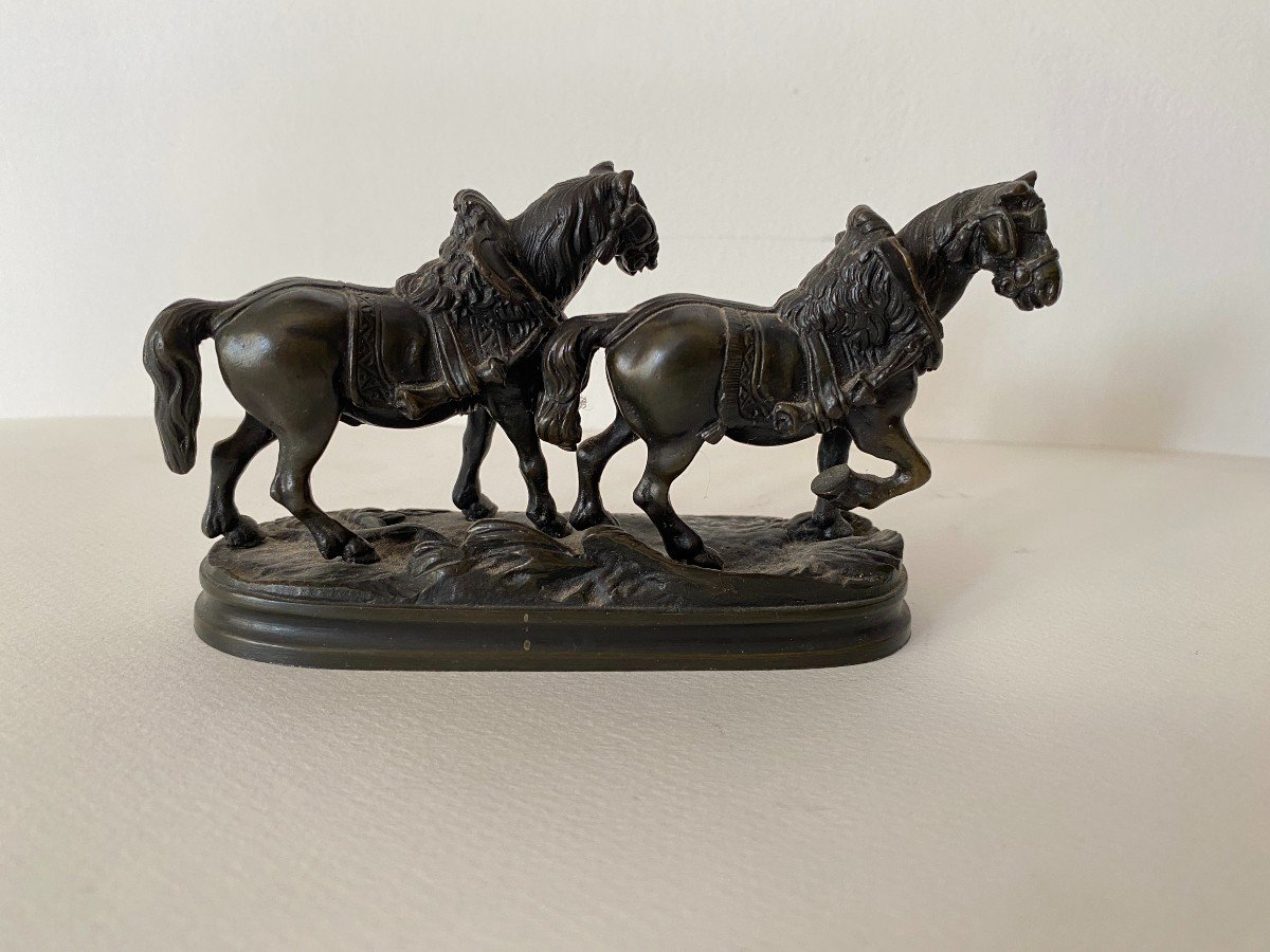 Pierre Jules Mène Bronze Animalier Chevaux Harnachés XIXème -photo-3
