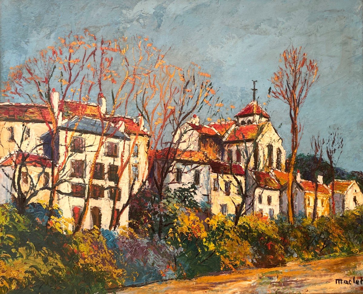 Élisée Maclet (1881-1962) "Montigny-sur-Loing" Huile Sur Carton Paysage Paris XXème Siècle