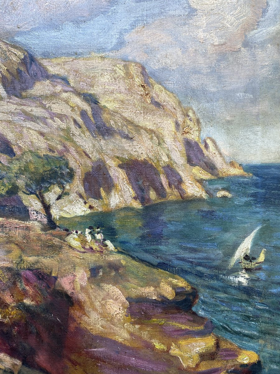 Clovis Cazes Peinture Paysage Méditerranéen Scène Bord De Mer Huile Sur Toile  Vers 1900-photo-4