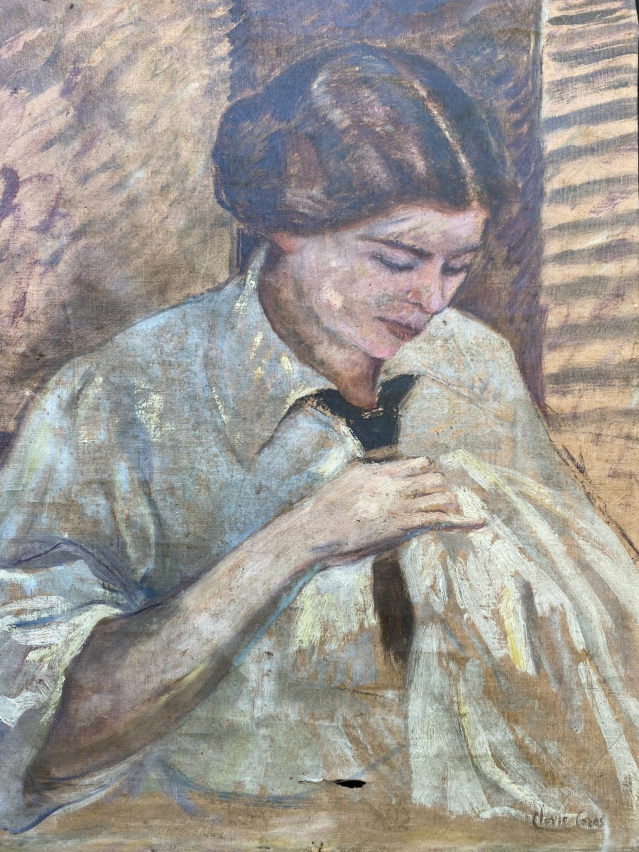 Clovis Cazes Portrait De Femme à La Coûture Huile Sur Toile Vers 1900
