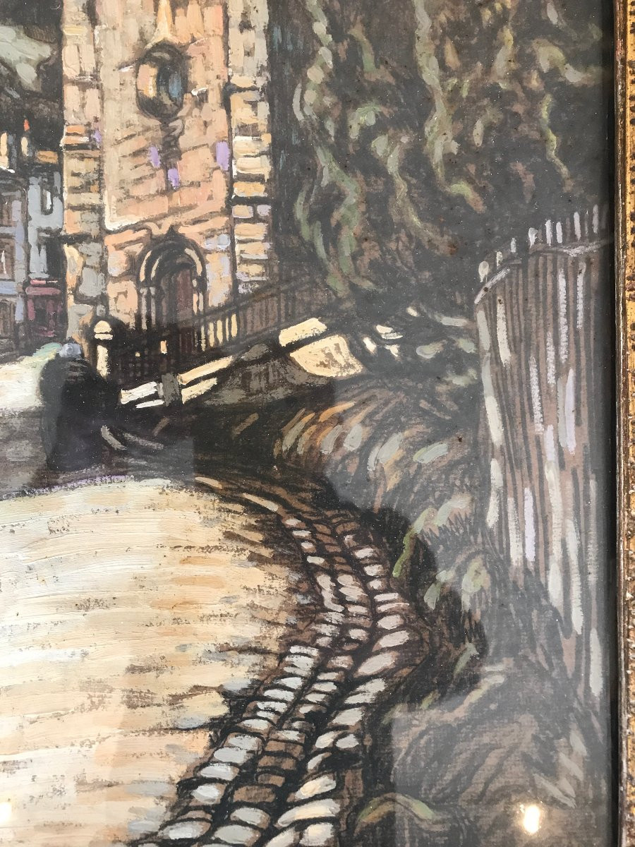 P.g.rigaud Lormont Bordeaux . Gouache Et Crayon Gras, église Vieux Lormont. Gironde-photo-3