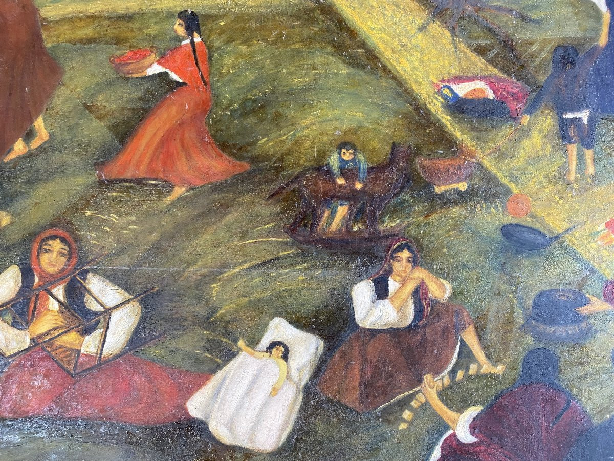 Paysage Animé Scène Populaire / Art Naïf Signé Matkulenska Paris 1932 Huile sur toile-photo-3