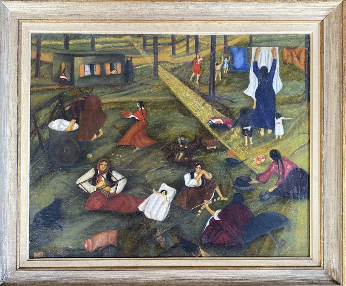 Paysage Animé Scène Populaire / Art Naïf Signé Matkulenska Paris 1932 Huile sur toile-photo-4