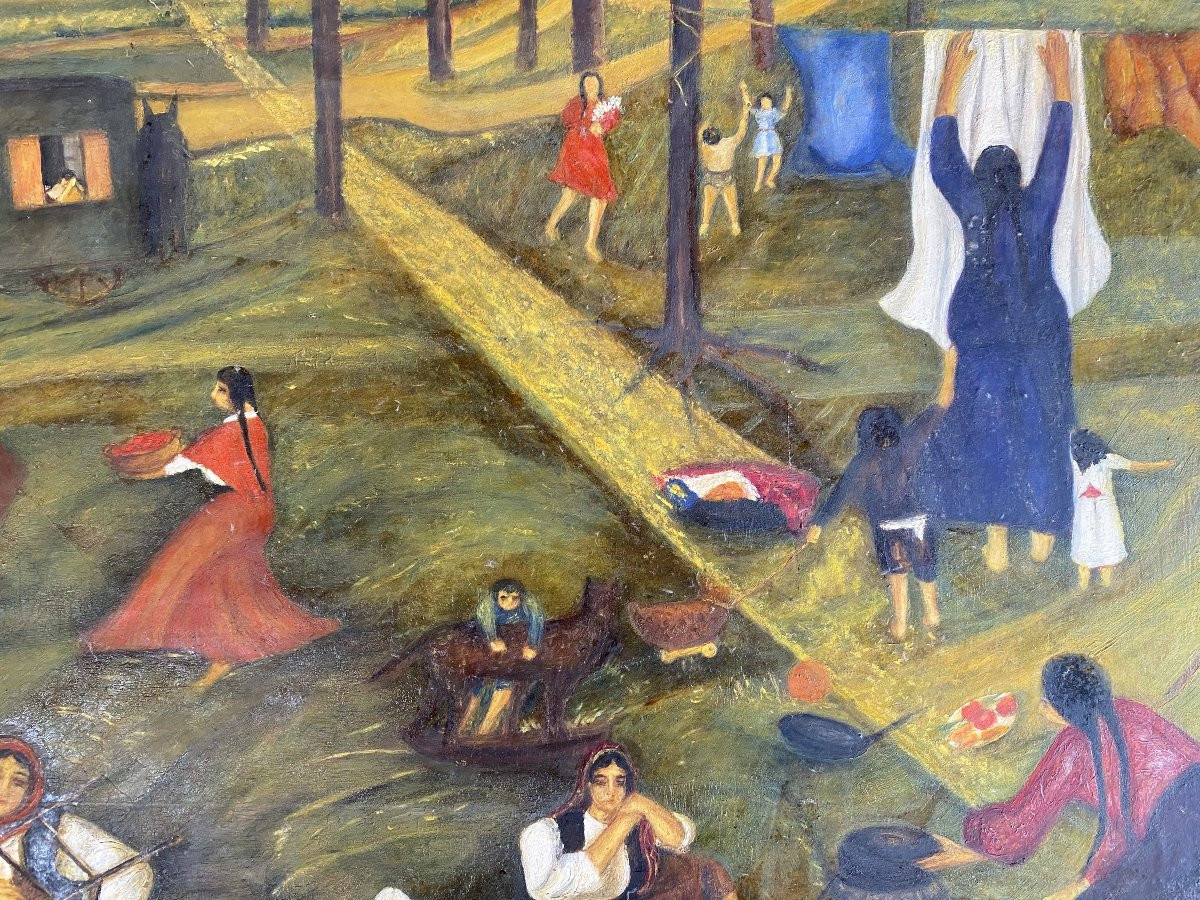 Paysage Animé Scène Populaire / Art Naïf Signé Matkulenska Paris 1932 Huile sur toile-photo-1