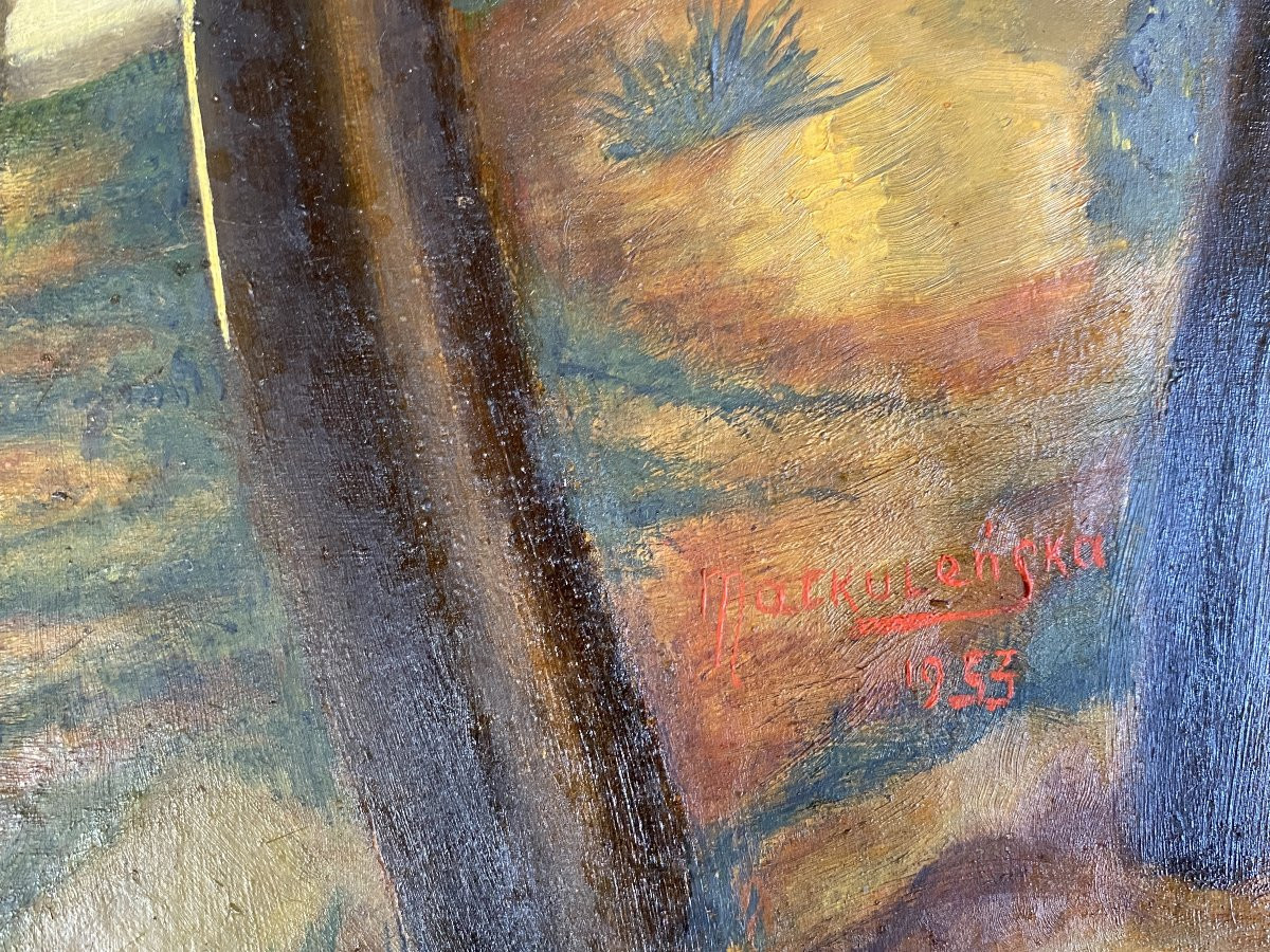 Paysage Scène Intriguante Personnage Décor Surréaliste signé Matkulenska 1953 Huile sur toile-photo-2