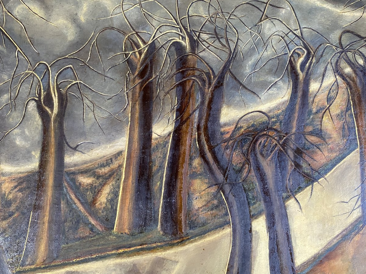 Paysage Scène Intriguante Personnage Décor Surréaliste signé Matkulenska 1953 Huile sur toile-photo-1